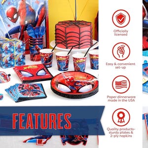 Puede incluir: Un conjunto de suministros para fiestas tem&aacute;ticas de Spider-Man, que incluyen platos, vasos, servilletas y cubiertos. Los platos y servilletas presentan la m&aacute;scara de Spider-Man. La tarta est&aacute; decorada con glaseado rojo y l&iacute;neas negras.