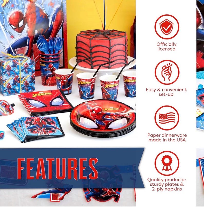 Puede incluir: Un conjunto de suministros para fiestas tem&aacute;ticas de Spider-Man, que incluyen platos, vasos, servilletas y cubiertos. Los platos y servilletas presentan la m&aacute;scara de Spider-Man. La tarta est&aacute; decorada con glaseado rojo y l&iacute;neas negras.