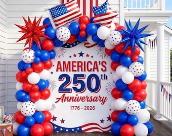137Pcs Patriotic Balloon Garland Kit for America's 250th Anniversary, Red White and Blue Balloons with Star Print & Flag Foil, 4th of July