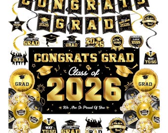 Decorazioni per la laurea 2026 - Decorazioni per la festa di laurea in nero e oro, articoli per la classe del 2026 con striscione, sfondo e palloncini.