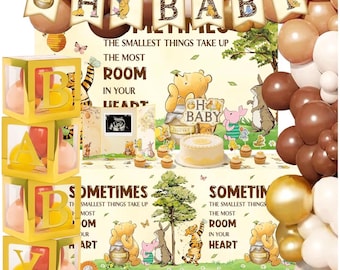 Kit di decorazioni per baby shower a tema Winnie the Pooh, decorazioni neutre per baby shower, set di arco con ghirlanda di palloncini, scatole per neonati, sfondo, tema baby shower "Oh".