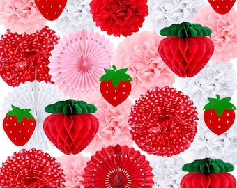Jordgubbsfestdekorationer Röd Rosa Vit Silkespapperspompoms Fläktar Honungskakor Lyktor Girlang Klassrum Bär Söta Frukter 1-årsdag