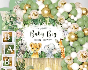 Salviagrönt ballongbågskit med BABYaskar Smaragdguld Vita ballonger Girlang Babyshower Djungel Safari Baby Pojke Dekorationer