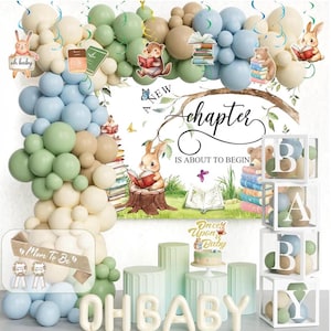 May include: A baby shower decoration set with a balloon arch in pastel colors, featuring the text "A New Chapter Is About to Begin." Includes a banner that says "Mom To Be" and blocks that spell "BABY."
