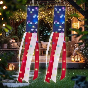 2 mangas de viento de 40" con la bandera estadounidense, mangas de viento del 4 de julio con luces LED, decoración colgante para el Día de la Independencia, el Día de los Caídos, el patio, el jardín y fiestas.