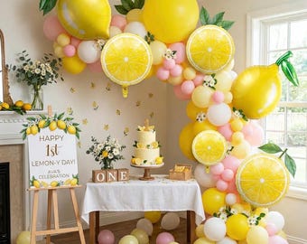 Kit per arco di palloncini giallo rosa limone con palloncini in mylar a forma di sole e limone per compleanno estivo, addio al nubilato, baby shower.