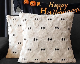 Fundas de almohada decorativas de fantasmas de Halloween, 45 x 45 cm, juego de 2, color beige, suave, de piel sintética, estilo rústico, ideales para la decoración del hogar en otoño y durante las fiestas.