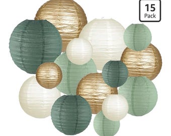 Juego de farolillos de papel verde salvia y dorado, 15 piezas, decoraciones colgantes para fiestas, decoración para bodas, baby showers y cumpleaños, farolillos marfil, esmeralda y menta.