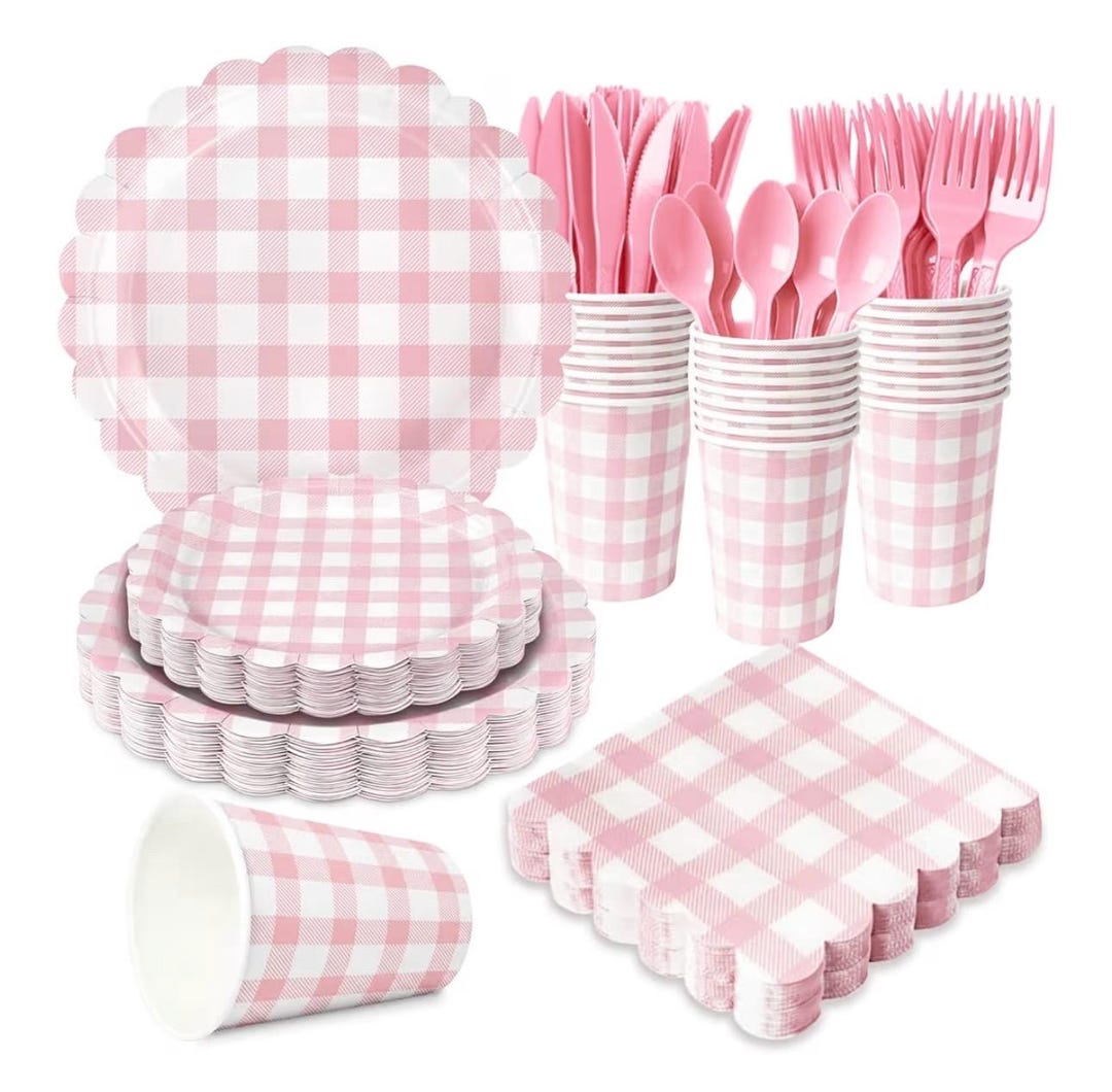 175 PCS Pink Gingham Party Supplies Includes Pink Gingham Paper Plates ...