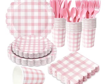 Set di 175 pezzi di articoli per feste a quadretti rosa, tra cui piatti, bicchieri, tovaglioli e posate di carta a quadretti rosa per baby shower, addio al nubilato, matrimoni e compleanni.