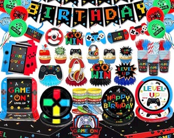 Gamer Birthday Party Decorations Video Game Plates and Napkins Cups GO WIN Honeycomb Centerpieces Hanging Swirls Balloons Cake Toppers LEVEL