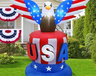 Patriottische Onafhankelijkheidsdag opblaasbaar, 8 ft hoogte Amerikaanse zeearend op Uncle Sam-hoed, opgeblazen 4 juli grote Amerikaanse openluchtviering