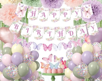 Juego de decoraciones para fiesta de cumpleaños de hadas, globos verdes, morados, rosas y amarillos, pancarta de mariposas para decoración de cumpleaños.