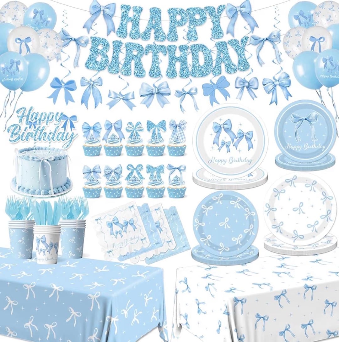 Blue Bow Birthday Party Supplies Serve 24,coquette Birthday Decorations ...