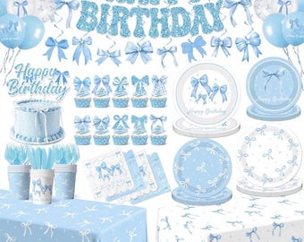 Artículos para fiesta de cumpleaños con lazo azul para 24 personas, decoraciones de cumpleaños Coquette, plato, servilleta, pancarta y vaso para fiestas con lazo azul para niñas y niños.