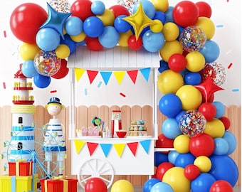 Karneval-Zirkus-Thema-Partydekoration, Primärfarben-Ballonbogen-Kit, 120 Stück Rot Blau Gelb Partyballons Regenbogen Konfetti