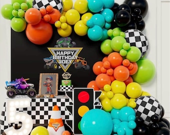 Kit arco di palloncini da 133 pezzi neri, verdi e arancioni per compleanno di bambini, Hot Wheels, camioncini, baby shower, auto da corsa, due monster truck veloci, festa