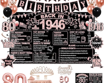 Decoraciones de 80 cumpleaños para mujeres, kit de suministros para fiesta de 1946 en oro rosa y negro con pancarta de feliz 80 cumpleaños, corona, banda y fondo.