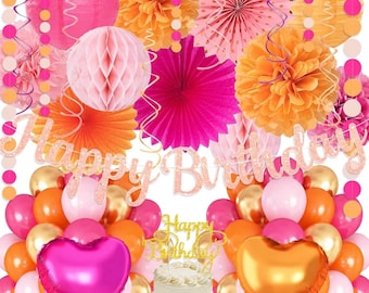 Decorazioni di compleanno rosa acceso e arancioni per donne e ragazze, decorazioni autunnali con palloncini color pesca, arancio bruciato e oro, striscione "Happy", festoni, lanterne e nido d'ape.