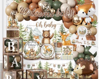 Woodland babyshower decoraties, 265 stuks bosdieren babyshower feestartikelen met ballonslinger, achtergrond, servies, ballondoos