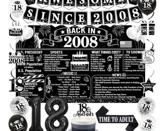 Decorazioni per il 18° compleanno per ragazzi e ragazze, 20 pezzi in bianco e nero "Back in 2008" per feste di compleanno, striscione vintage "2008", fascia "Time To Adult".