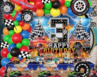 Decorazioni per il terzo compleanno a tema Monster Truck per bambini, articoli per feste a tema auto da corsa estreme, tra cui sfondo, arco di palloncini, ghirlanda, tovaglia...