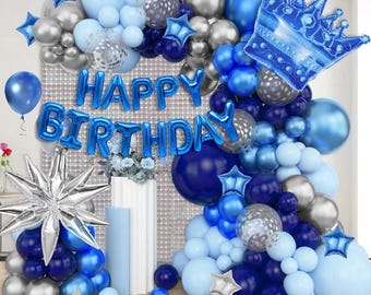 164 pezzi di decorazioni di compleanno blu e argento per uomini e ragazzi, kit di palloncini blu navy con corona di buon compleanno, palloncini a stella in lamina e tenda di frange