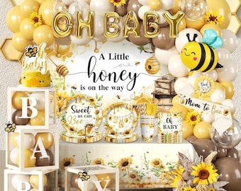 257 pezzi di decorazioni per baby shower a tema ape, set completo e senza pensieri per 25 ospiti, con palloncini in lamina a forma di ape, sfondo, piatti e decorazione per torta.