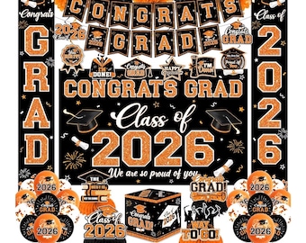 Decorazioni per la laurea della classe del 2026, decorazioni arancioni e nere per la laurea 2026 - Congratulazioni laureato, striscione arancione e ghirlande da appendere
