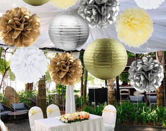 Conjunto de decoração para festa em dourado, prateado e branco, com 12 lanternas de papel e pompons, decoração neutra para chá de bebê e casamento.