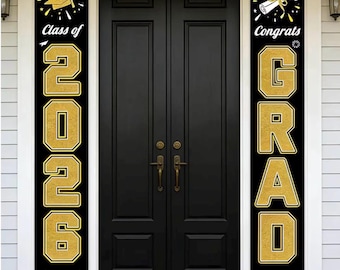 2026年卒業式装飾 GRADバナー、黒と金の玄関ドアサイン 屋内屋外の壁用ウェルカムバナー 卒業祝いの装飾