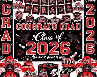 Decorazioni per la laurea classe del 2026, articoli per feste di laurea in rosso - striscioni di congratulazioni per la laurea e spirali sospese, scatola per biglietti di laurea