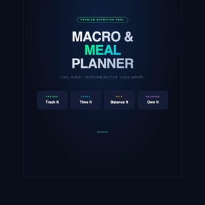 May include: A digital graphic for a macro and meal planner. The text "MACRO & MEAL PLANNER" is in large white letters. Below, smaller text reads "FUEL RIGHT. PERFORM BETTER. LOOK GREAT." Four buttons are labeled "PROTEIN Track It", "CARBS Time It", "FATS Balance It", and "CALORIES Own It".