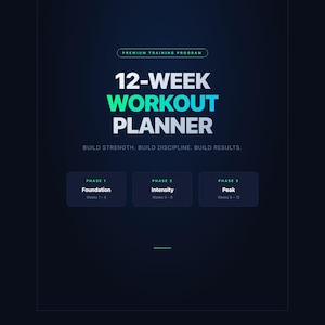 May include: A dark blue graphic with a green and blue gradient at the top. The text reads "12-WEEK WORKOUT PLANNER" with the words "Workout" and "Planner" in a bright green colour. Below are three phases: Foundation, Intensity, and Peak.