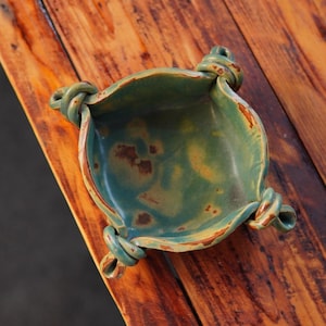 Hand Knotted Ceramic Ring Dish, Rustic Mottled Green Glaze Pottery Trinket Tray