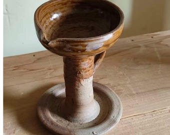 Vintage bruin geglazuurde keramische olielamp, rustieke aardewerk lantaarn, boerderij Wabi Sabi-accent