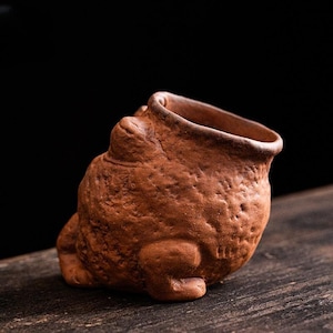 May include: A small, terracotta-coloured ceramic frog-shaped planter. The planter has a textured surface and an open top for planting. The frog's features are detailed, with visible eyes and a rounded body. The planter is sitting on a wooden surface.