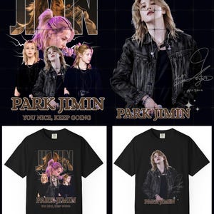May include: Two black t-shirts featuring graphic prints of Park Jimin. The left shirt displays multiple images of Jimin with the text "JIMIN", "PARK JIMIN", and "YOU NICE, KEEP GOING". The right shirt shows a single image of Jimin with a signature.