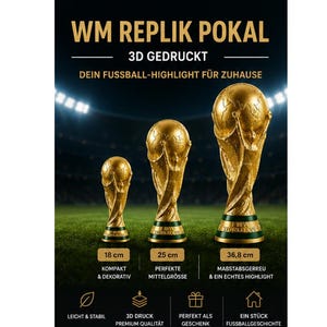 May include: Three gold-coloured 3D printed football trophy replicas in varying sizes of 18 cm, 25 cm, and 36.8 cm. The trophies feature a globe supported by figures on a green base. Text includes WM REPLIK POKAL, 3D GEDRUCKT, and specific height labels.