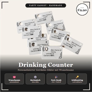 May include: A selection of white drinking counters with black text, each personalized with a name. The counters have a key ring hole and are labeled "Drinking Counter" and "Party Gadget - Handmade."