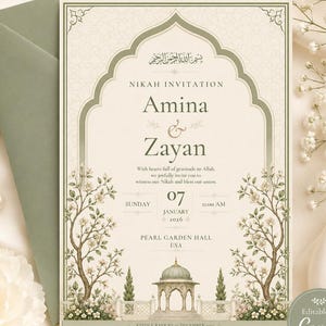 May include: A rectangular Nikah invitation card featuring a cream background with an arched frame, floral tree illustrations, and a gazebo graphic. The text includes the names Amina and Zayan, the date January 7, 2026, and Pearl Garden Hall, USA.