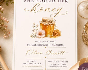 She Found Her Honey Wedding shower Invitation Digital Template, Honey Bee Bridal Shower e Invite, Editable Canva, Printable