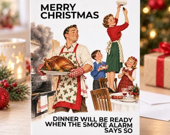 Funny Christmas Dinner Card for Dad, Smoke Alarm Cooking Joke, Xmas Card for Husband