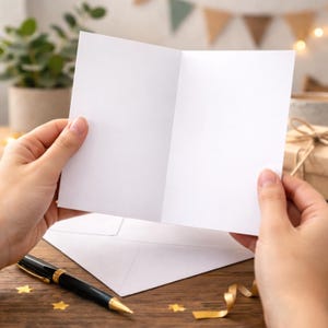 May include: A blank white greeting card is held open, revealing its interior. A white envelope and a black and gold pen rest on a wooden surface. Gold star-shaped confetti and a gold ribbon add decorative touches. A gift box is in the background.