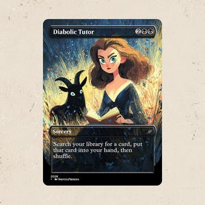May include: A rectangular trading card titled Diabolic Tutor featuring a stylized illustration of a person with wavy brown hair reading a book next to a small black goat in a field of tall yellow grass. The card includes game text and mana symbols.