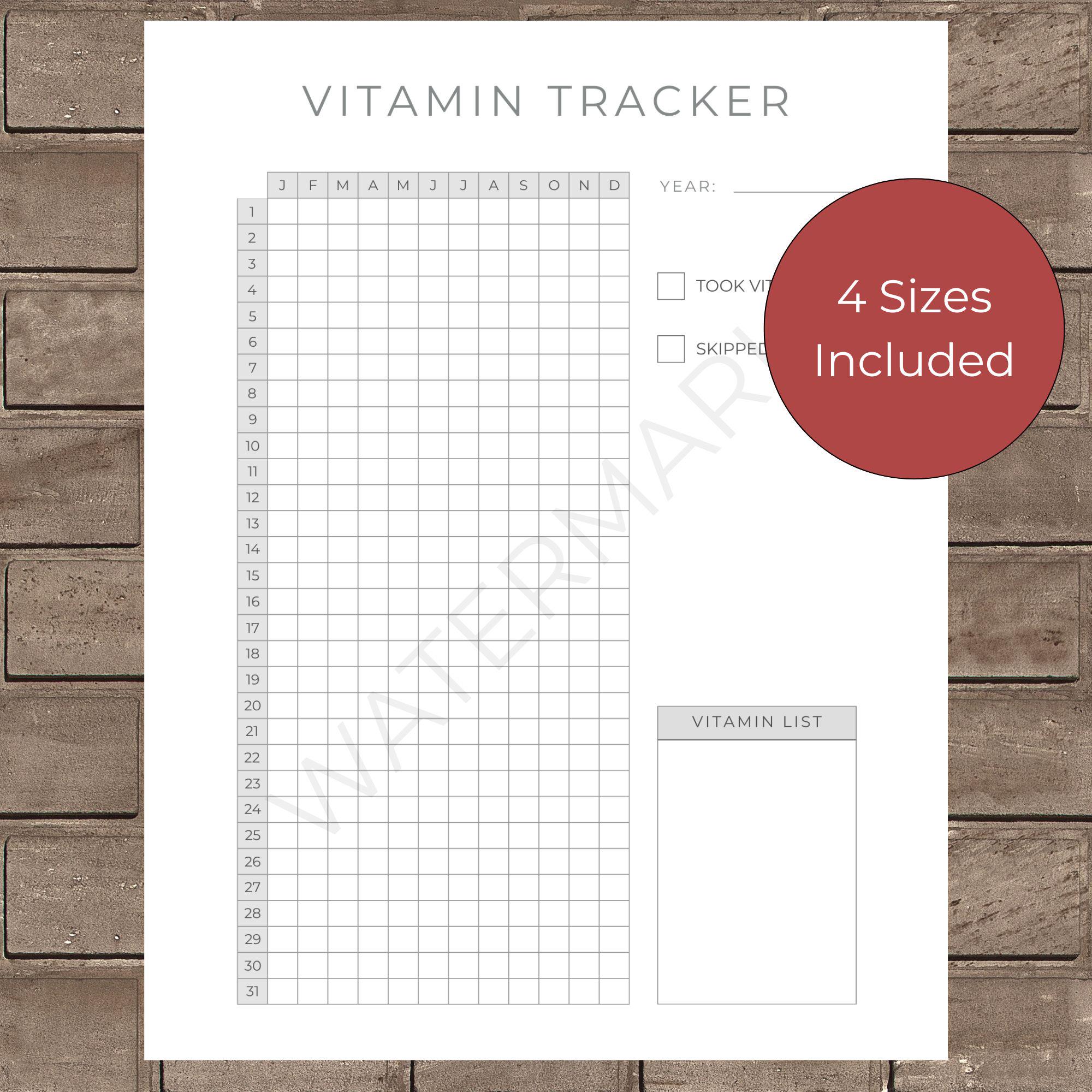 Agenda per il monitoraggio delle vitamine, strumento stampabile per il monitoraggio degli integratori vitaminici, registro giornaliero degli integrato