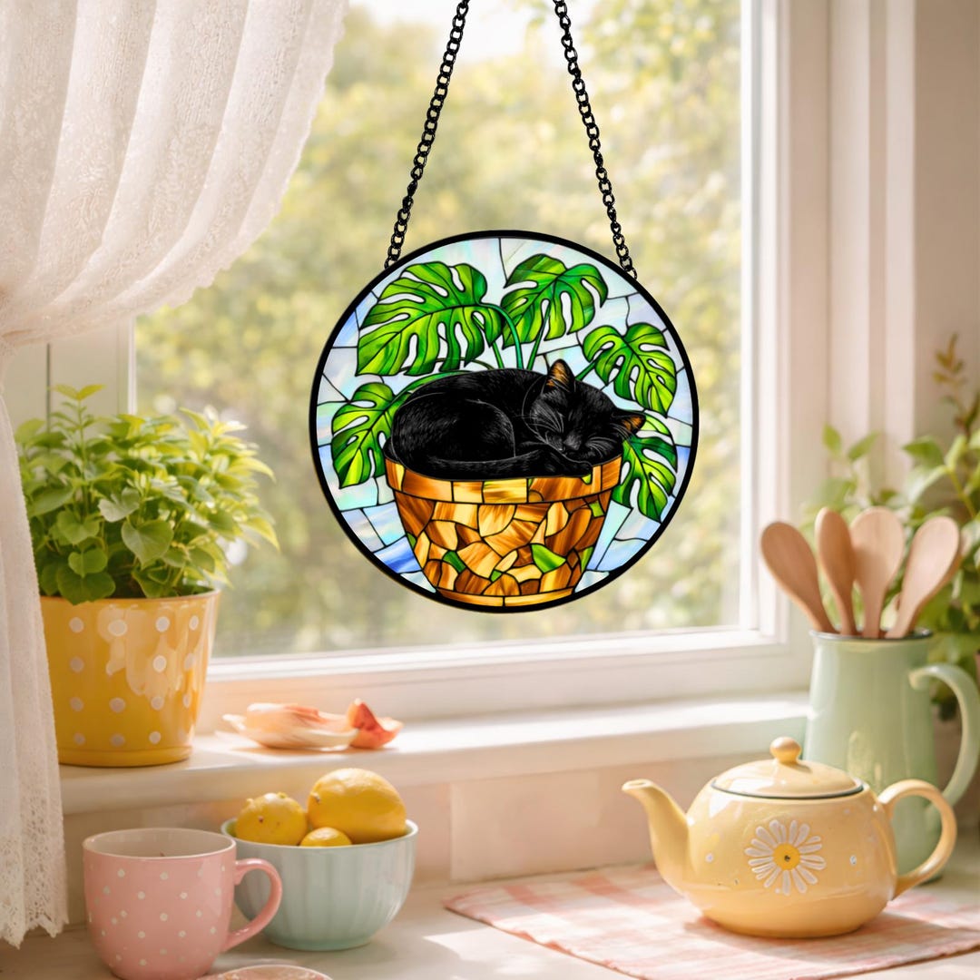 Sleeping Black Cat Stained Glass Suncatcher, Monstera Plant Window ...