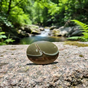 May include: A polished, oval stone displaying a distinctive pattern of brown, white, and olive green shades. The stone is positioned on a large, textured rock, with a blurred backdrop of a stream and verdant foliage.