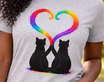 Camiseta de corazón con gato arcoíris, camiseta del orgullo para amantes de los gatos, camiseta de corazón con dos colas de gato, camiseta de mamá de gato arcoíris, lindo regalo para amantes de los gatos, camiseta para padres de gatos