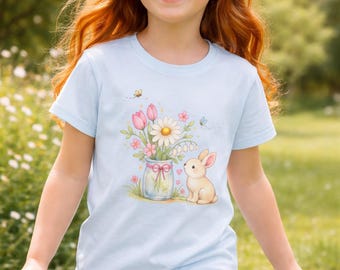 Camiseta de conejito de Pascua para niñas, camiseta de conejito floral de primavera para niñas, linda camiseta de conejito con flores, atuendo de Pascua para niños, camiseta de primavera para niños